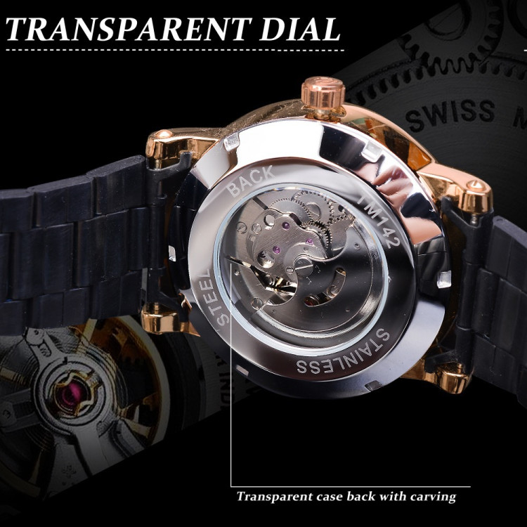 Чоловічий годинник механічний Forsining black steel+gold  - 