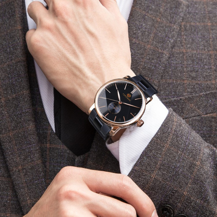 Чоловічий годинник механічний Forsining black steel+gold  - 