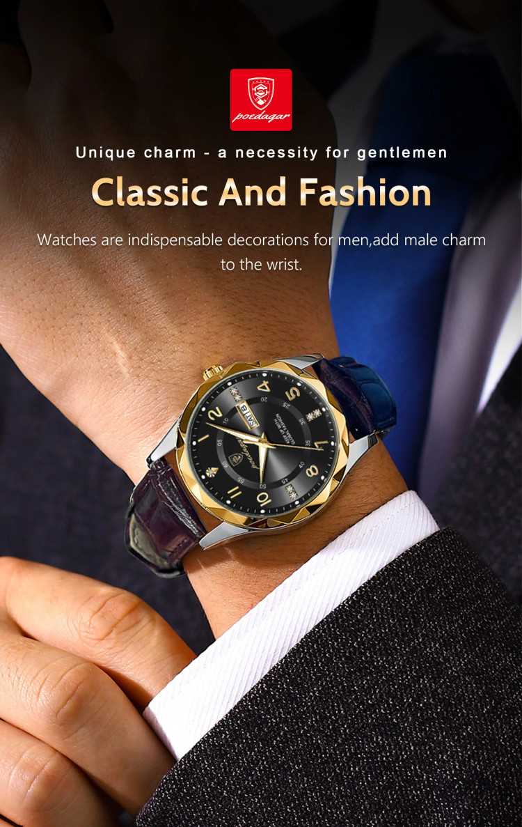 Чоловічий годинник Poedagar gold + silver + blue - 