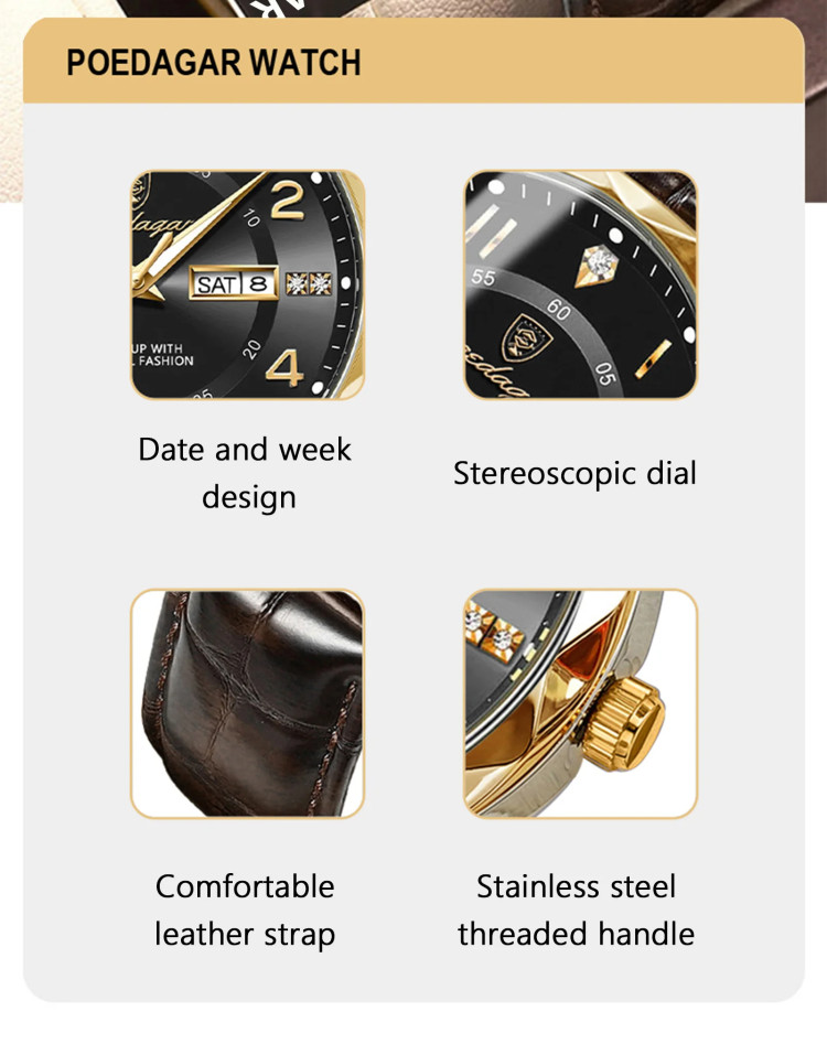 Чоловічий годинник Poedagar gold + silver + blue - 