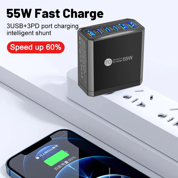 Зарядний пристрій 6×USB (3×USB-C PD + 3×USB-A QC3.0) 55W Max White - 