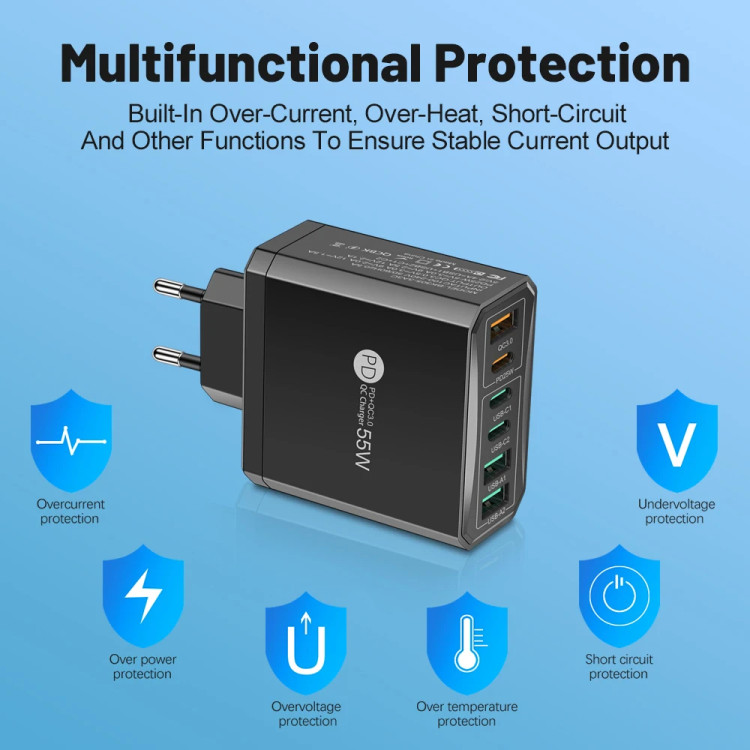 Зарядний пристрій 6×USB (3×USB-C PD + 3×USB-A QC3.0) 55W Max White - 