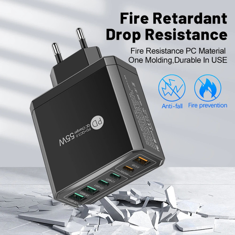 Зарядний пристрій 6×USB (3×USB-C PD + 3×USB-A QC3.0) 55W Max White - 
