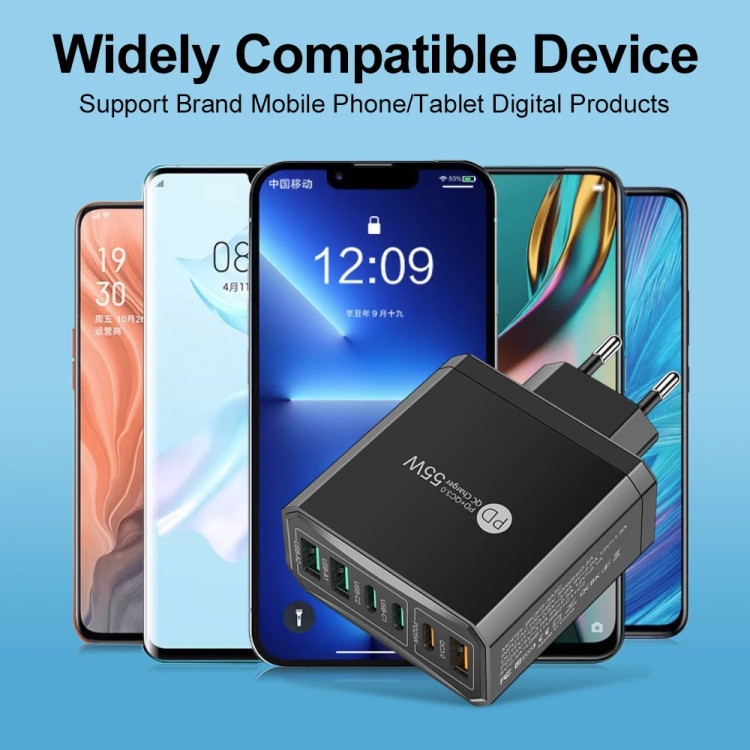 Зарядний пристрій 6×USB (3×USB-C PD + 3×USB-A QC3.0) 55W Max White - 