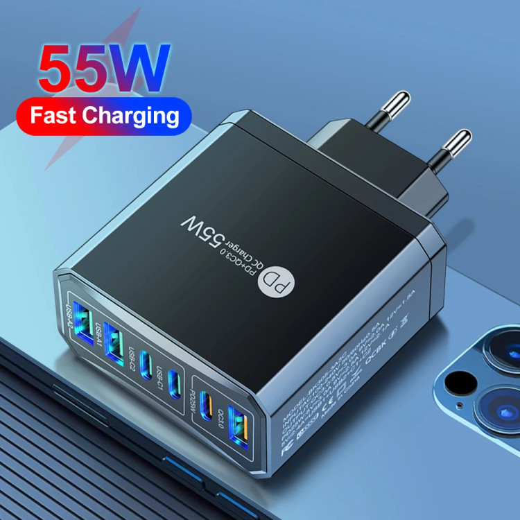 Зарядний пристрій 6×USB (3×USB-C PD + 3×USB-A QC3.0) 55W Max White - 