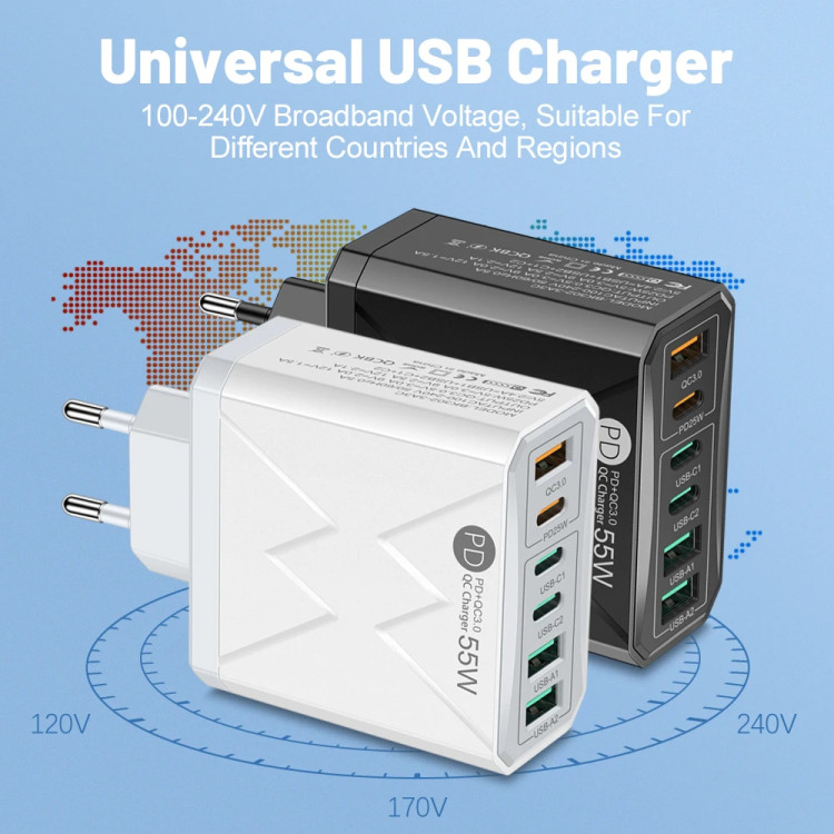 Зарядний пристрій 6×USB (3×USB-C PD + 3×USB-A QC3.0) 55W Max White - 