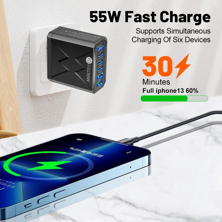 Зарядний пристрій 6×USB (3×USB-C PD + 3×USB-A QC3.0) 55W Max White - 