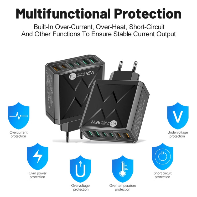 Зарядний пристрій 6×USB (3×USB-C PD + 3×USB-A QC3.0) 55W Max White - 
