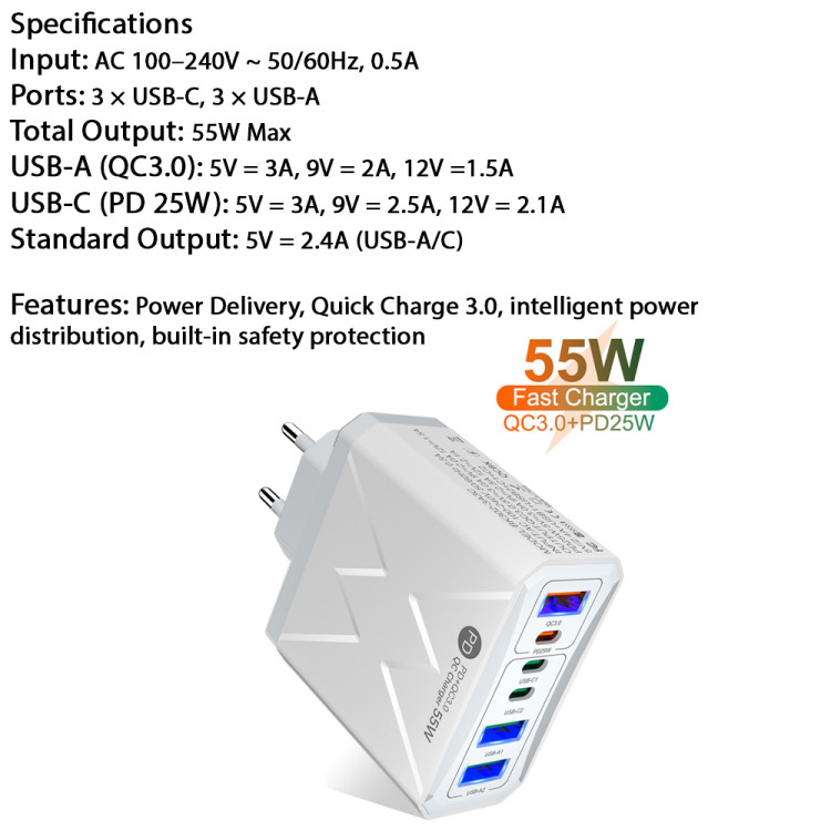 Зарядний пристрій 6×USB (3×USB-C PD + 3×USB-A QC3.0) 55W Max White - 
