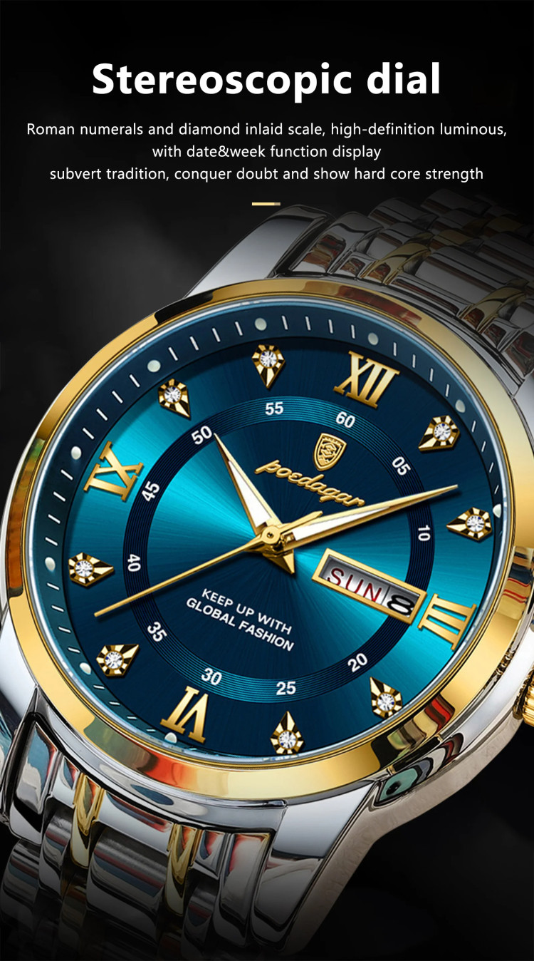 Чоловічий годинник Poedagar gold + silver + green - 