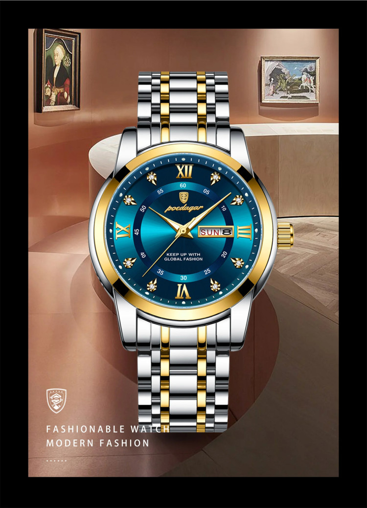 Чоловічий годинник Poedagar gold + silver + green - 