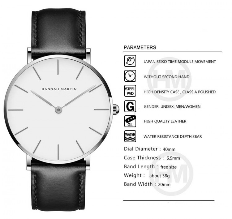 Чоловічий годинник Hannah Martin silver+black leather - 