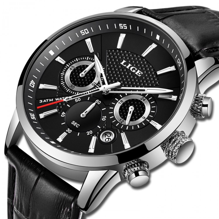 Чоловічий годинник LIGE silver+black