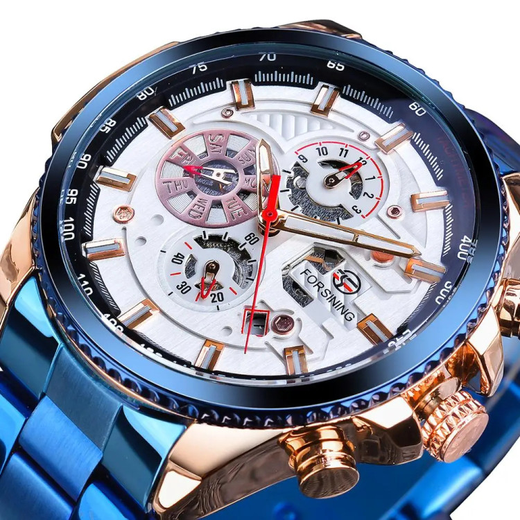 Чоловічий годинник механічний Forsining blue+white+gold