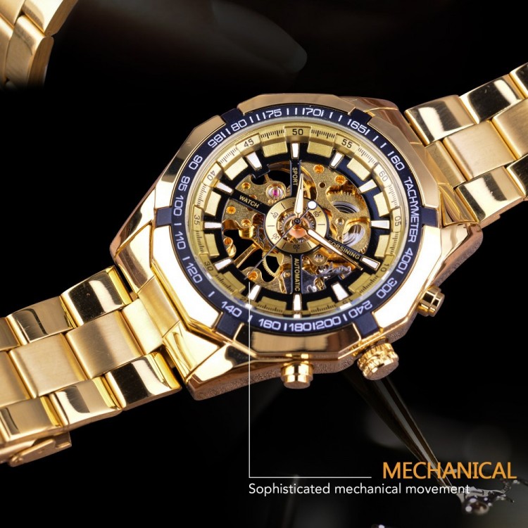 Чоловічий годинник механічний Forsining gold+black - 