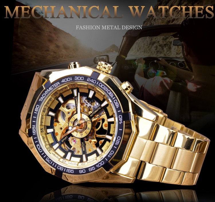 Чоловічий годинник механічний Forsining gold+black - 