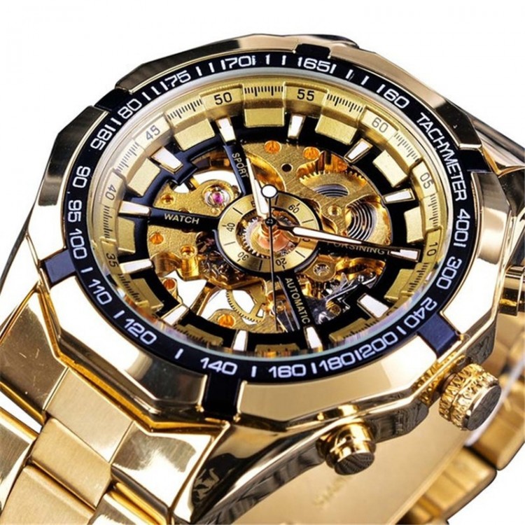 Чоловічий годинник механічний Forsining gold+black