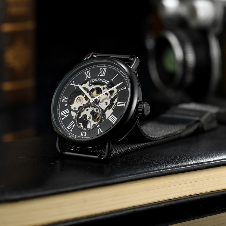 Чоловічий годинник механічний FORSINING black+silver - 