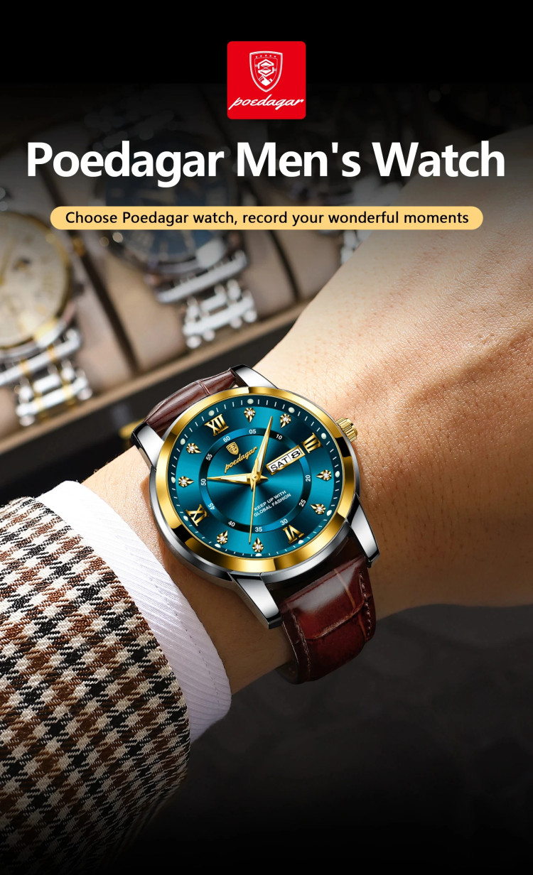 Чоловічий годинник Poedagar gold + silver + blue - 