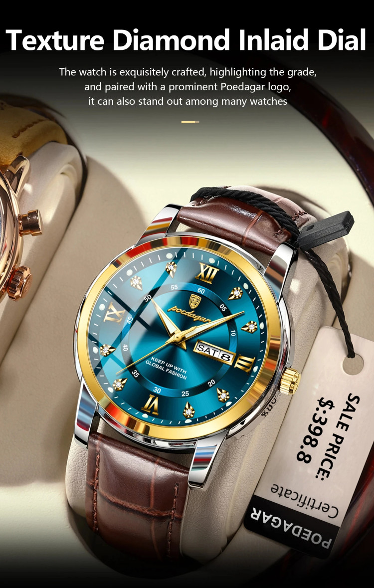Чоловічий годинник Poedagar gold + silver + blue - 
