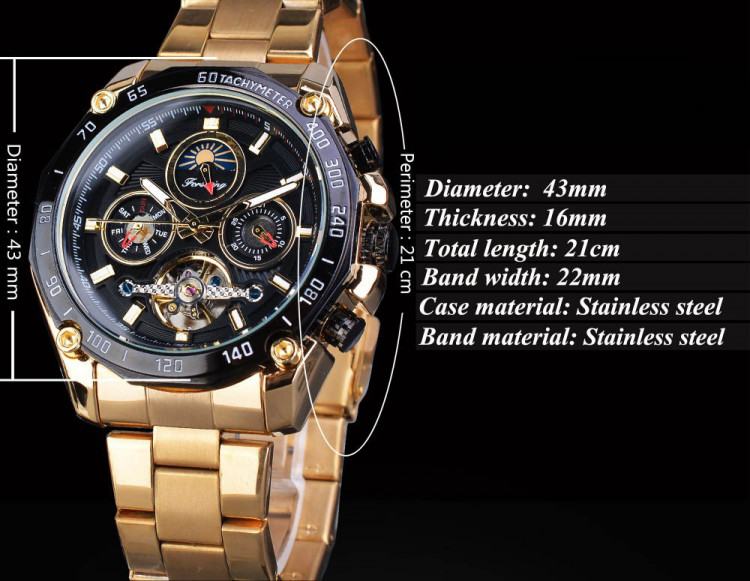 Чоловічий годинник механічний Forsining gold+black - 