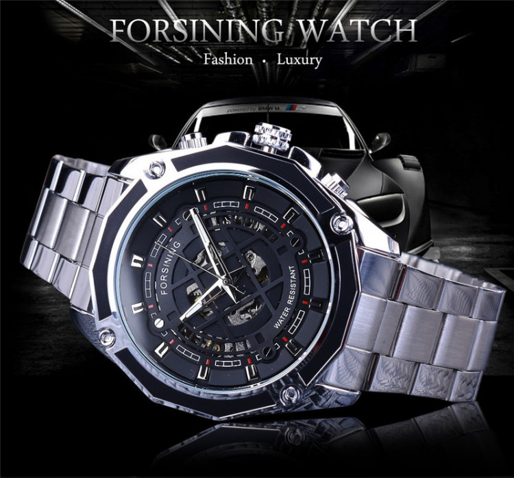 Чоловічий годинник механічний Forsining silver+black - 