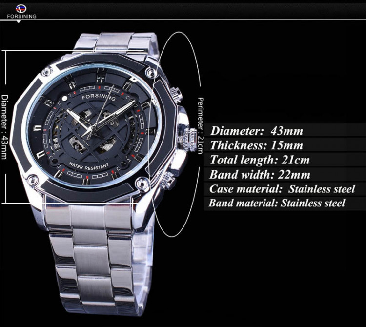 Чоловічий годинник механічний Forsining silver+black - 