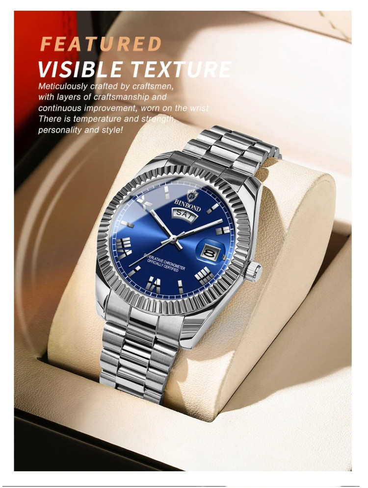 Чоловічий годинник BINBOND silver + blue - 