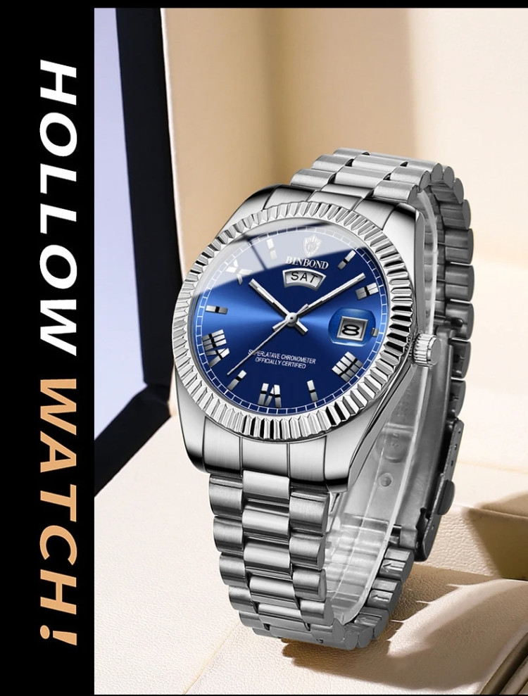 Чоловічий годинник BINBOND silver + blue - 