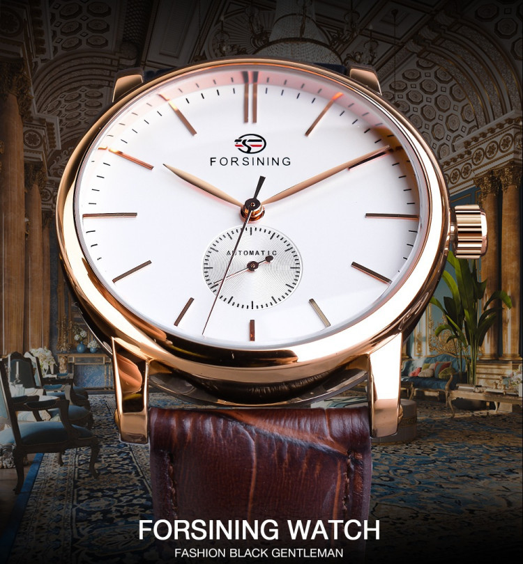 Чоловічий годинник механічний Forsining white + gold - 