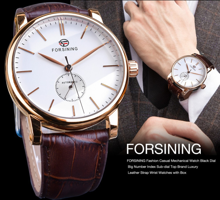 Чоловічий годинник механічний Forsining white + gold - 
