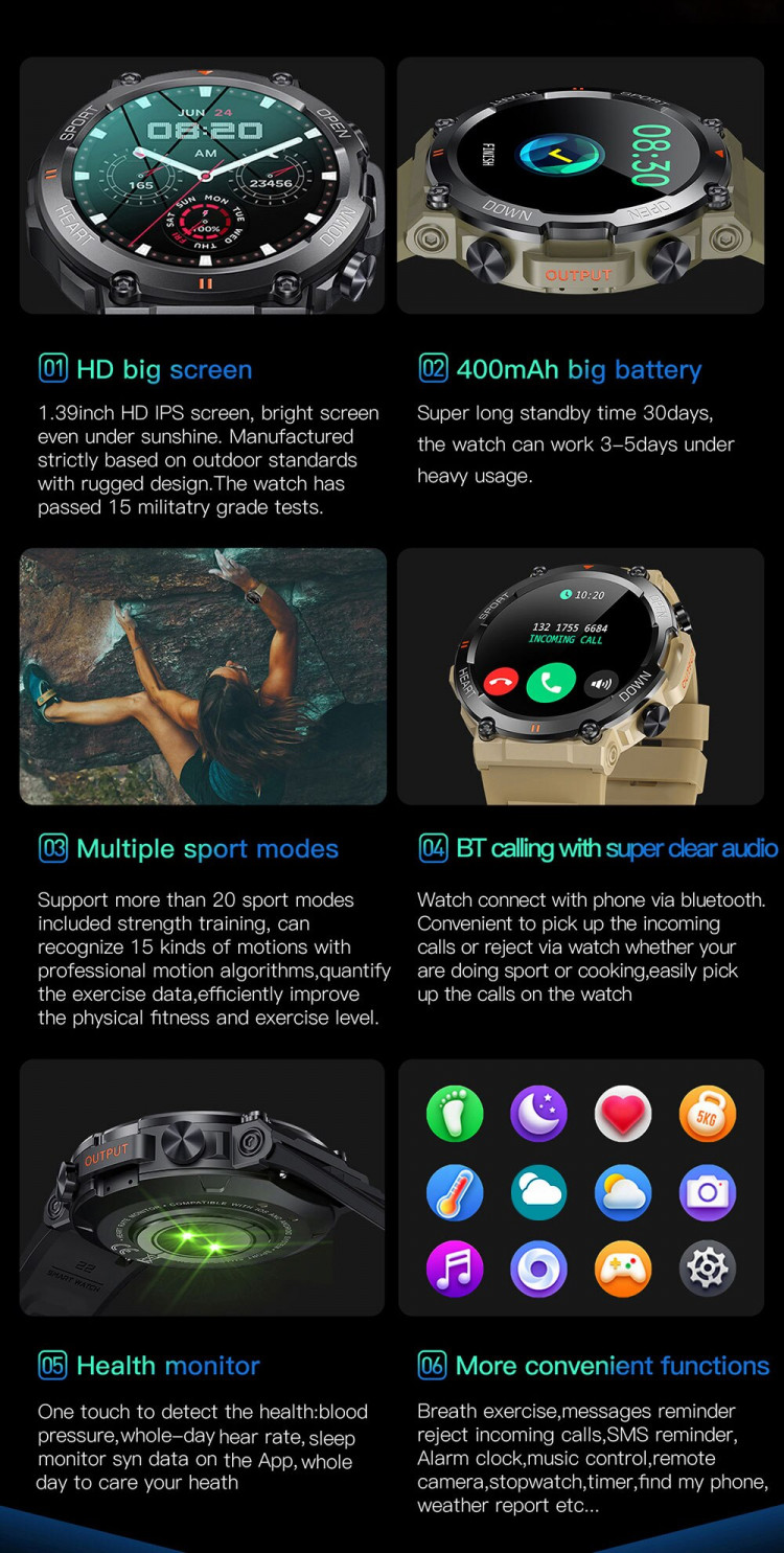Смарт-годинник протиударний Smart Device 102 black steel  - 