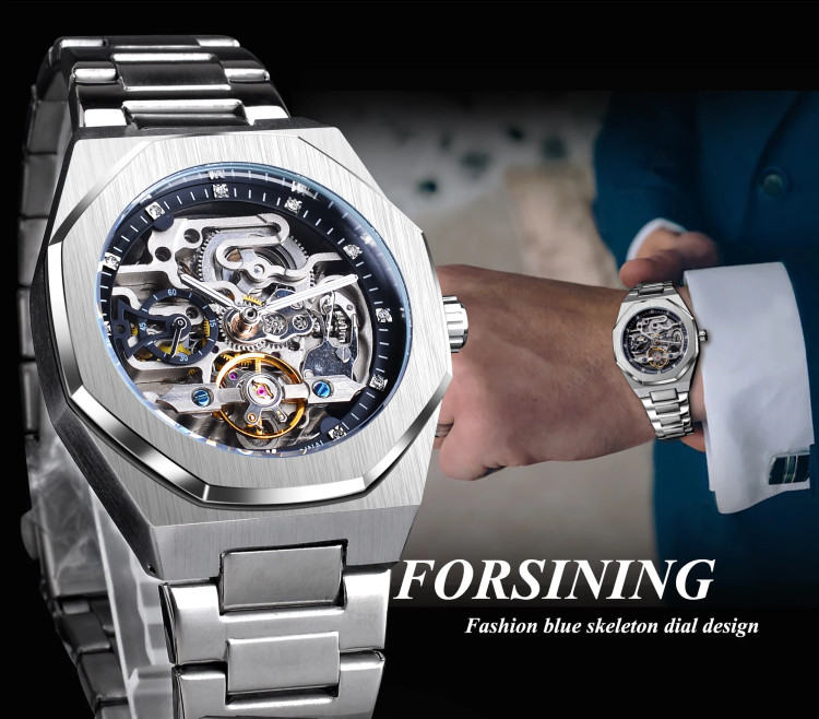 Чоловічий годинник механічний Forsining silver + black  - 