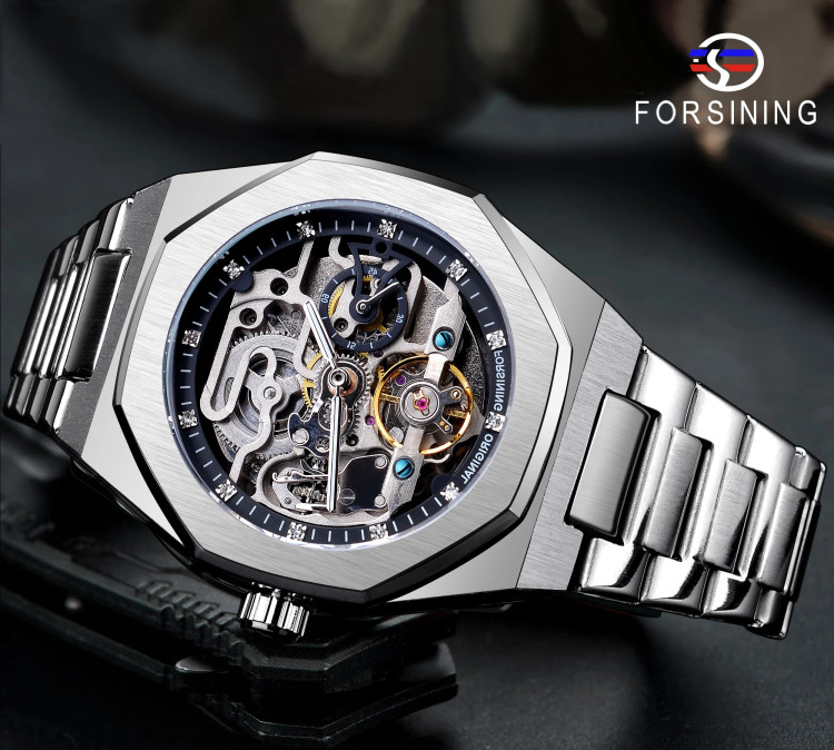 Чоловічий годинник механічний Forsining silver + black  - 