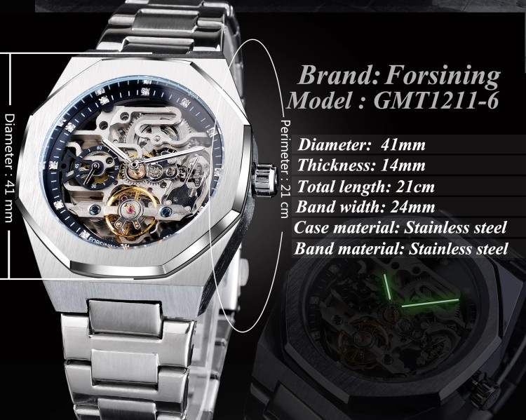 Чоловічий годинник механічний Forsining silver + black  - 