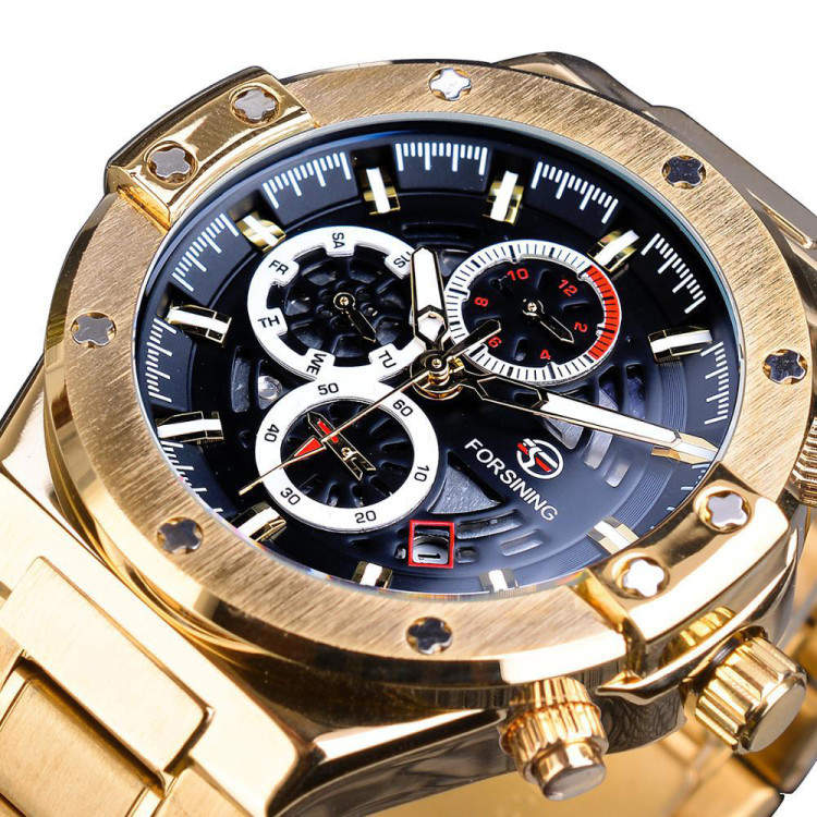 Чоловічий годинник механічний Forsining gold + black